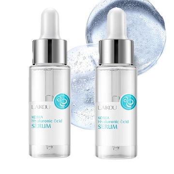 Two bottles of Lakou Korea Hyaluronic Acid Serum with a dropper on a white background.