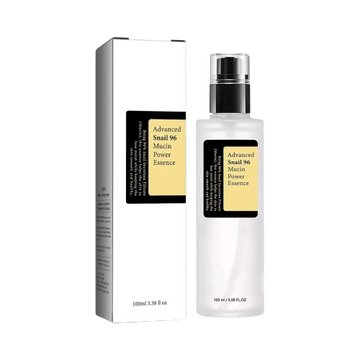 Skincare product with packaging labeled 'Advanced Snail 96 Mucin Power Essence' on a white background