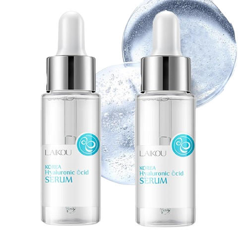 Two bottles of Lakou Korea Hyaluronic Acid Serum with a dropper on a white background.