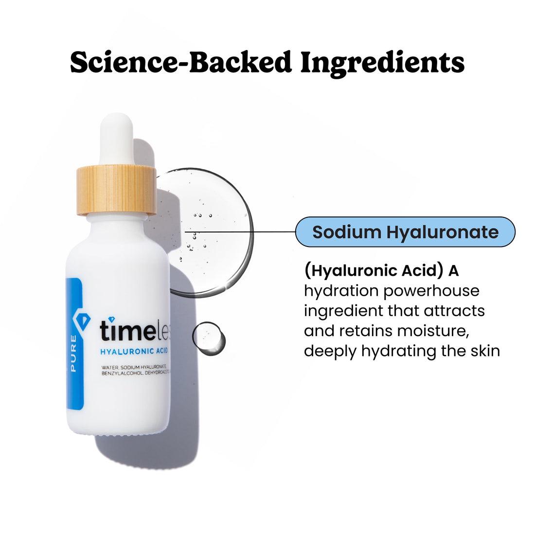 White dropper bottle with gold cap labeled 'timeless' on a white background