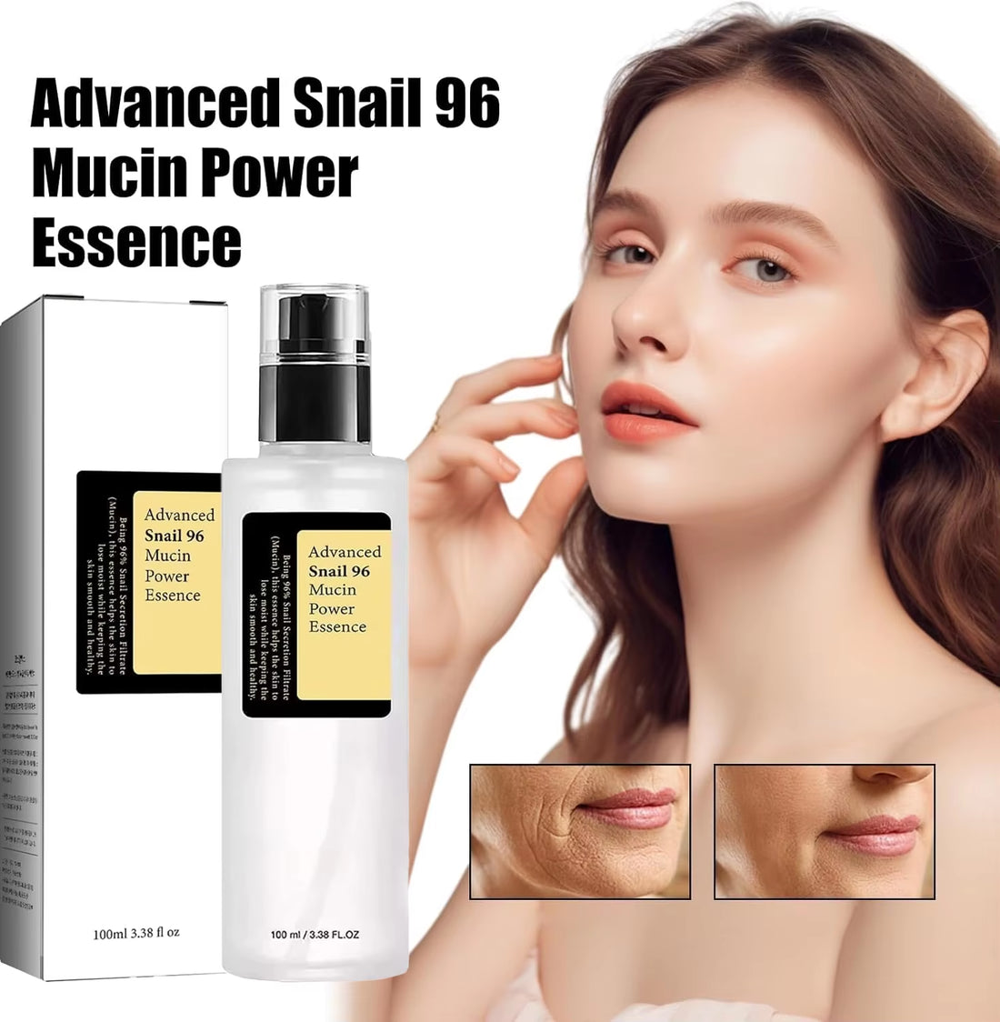Skincare product with packaging labeled 'Advanced Snail 96 Mucin Power Essence' on a white background