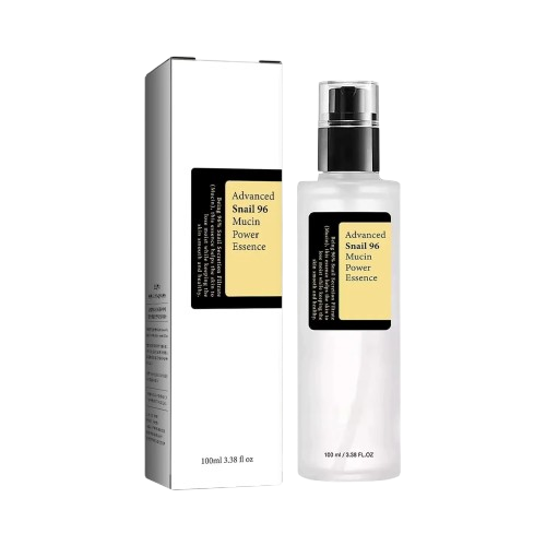 Skincare product with packaging labeled 'Advanced Snail 96 Mucin Power Essence' on a white background